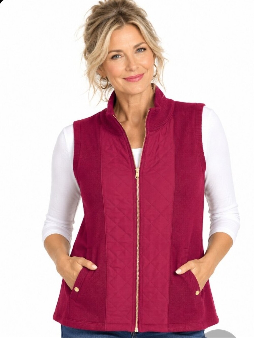 Susan Graver Lightweight Quilted Zip-Front Vest in Berry (Sz:large)